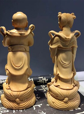 木雕金童玉女家用善财童子龙女小摆件观音身边侍者佛像黄杨木包邮