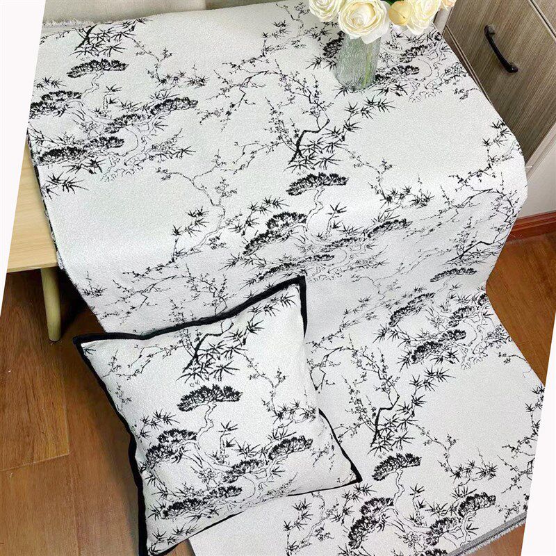 水墨复古风迎客松色织提花套装面料抱枕箱包装饰黑白经典布料