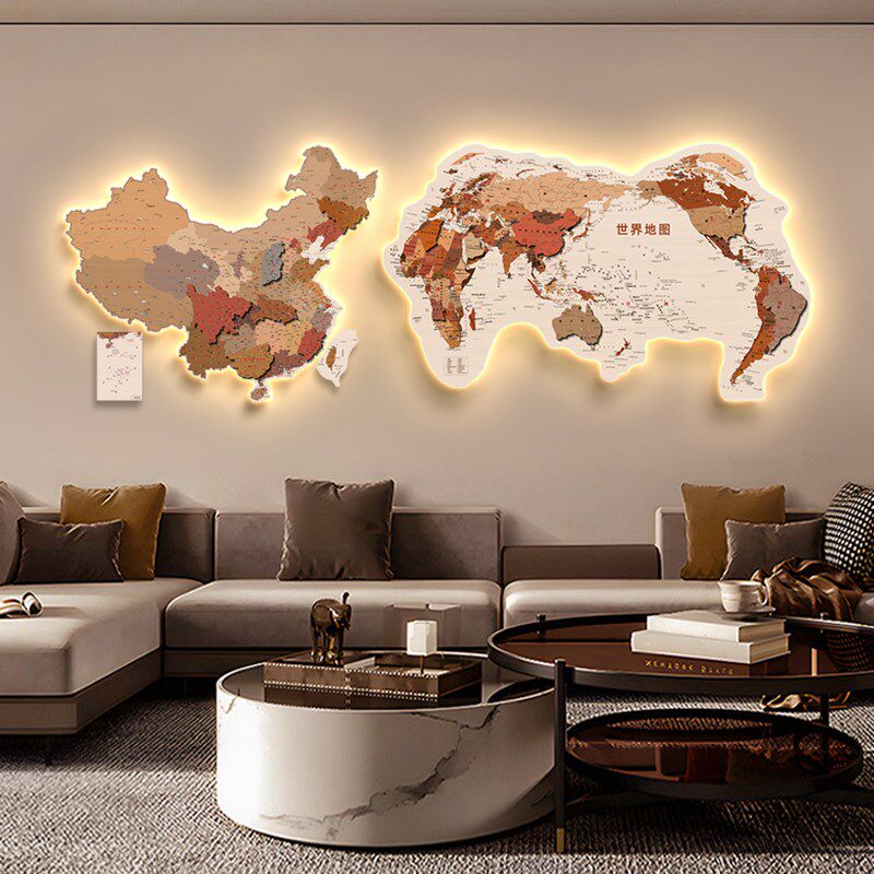 双联中国世界地图发光拼接挂画客厅装饰画LED带灯立体办公室挂画