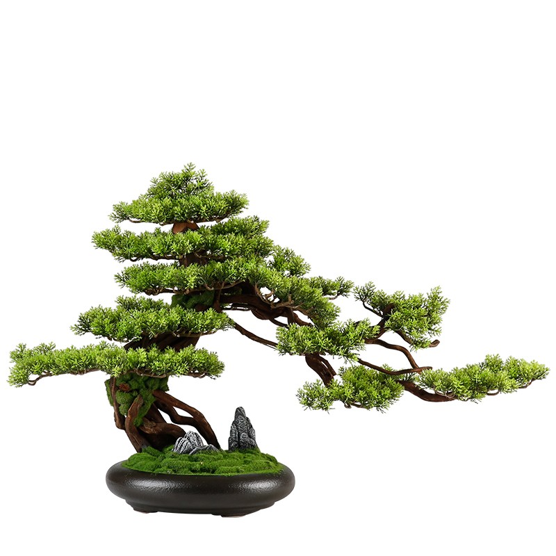 彷真迎客松盆景绿植盆栽客厅电视柜玄关办公室家居装饰新中式摆件