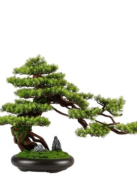 彷真迎客松盆景绿植盆栽客厅电视柜玄关办公室家居装饰新中式摆件