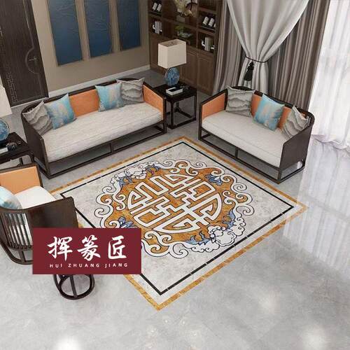 别墅入户玄关进门大厅拼花地砖800x800新中式客餐厅拼图造型瓷砖