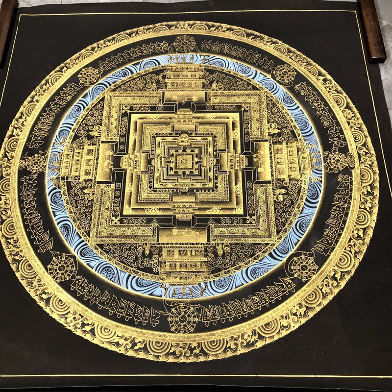 爆款唐卡纯手工画布一米黑金时轮金刚坛城尼泊尔西藏玄关装饰挂画