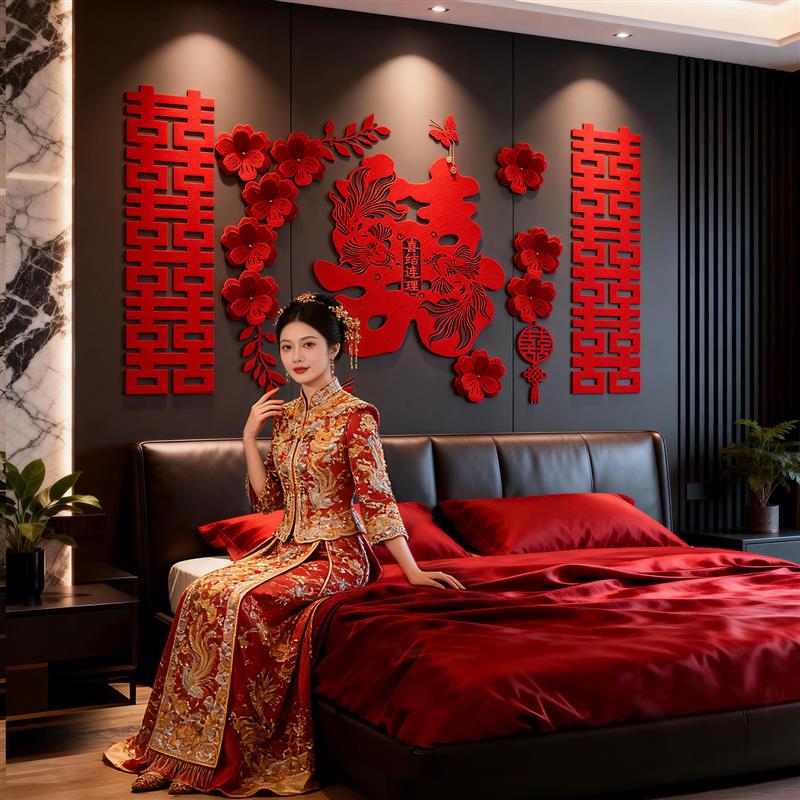 婚房布置套装女方卧室床头结婚装饰氛围感男方新房喜字背景墙拉花