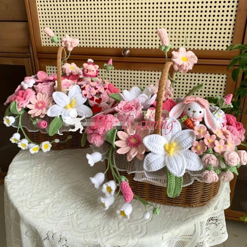 成品手工花束编织向日葵玫瑰仿真花花篮自制钩织摆件送闺蜜女友