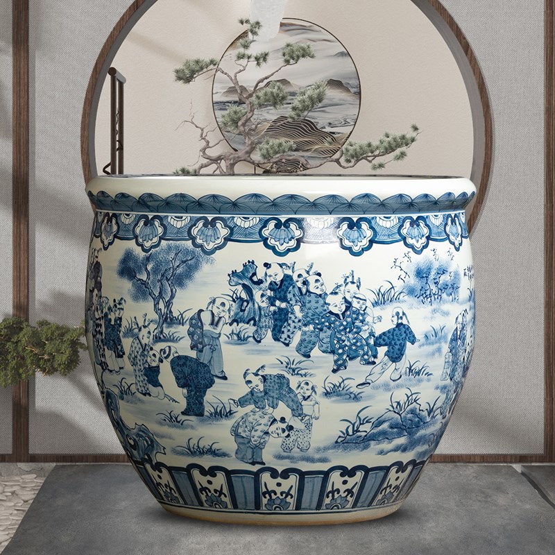 景德镇青花瓷百子图陶瓷大缸客厅八方聚财落地摆件庭院养鱼种树缸