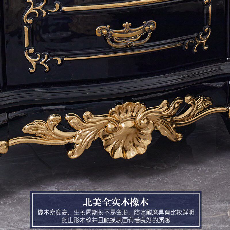 欧式床头柜 全实木雕花黑檀色收纳柜美式卧室描金银床边柜储物柜