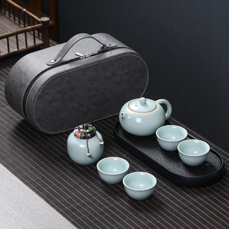 汝窑旅行功夫茶具小套装家用随身泡茶壶陶瓷户外旅游简易便携式包