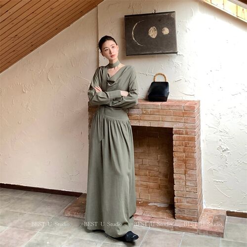 Best U气质法式荡领连衣裙女秋季新款收腰皱褶长裙显瘦百搭大摆裙