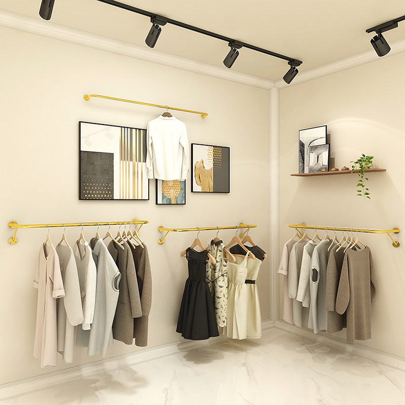 服装店展示架上墙壁挂女装店衣服货架婚纱墙上货架金色侧挂衣架子