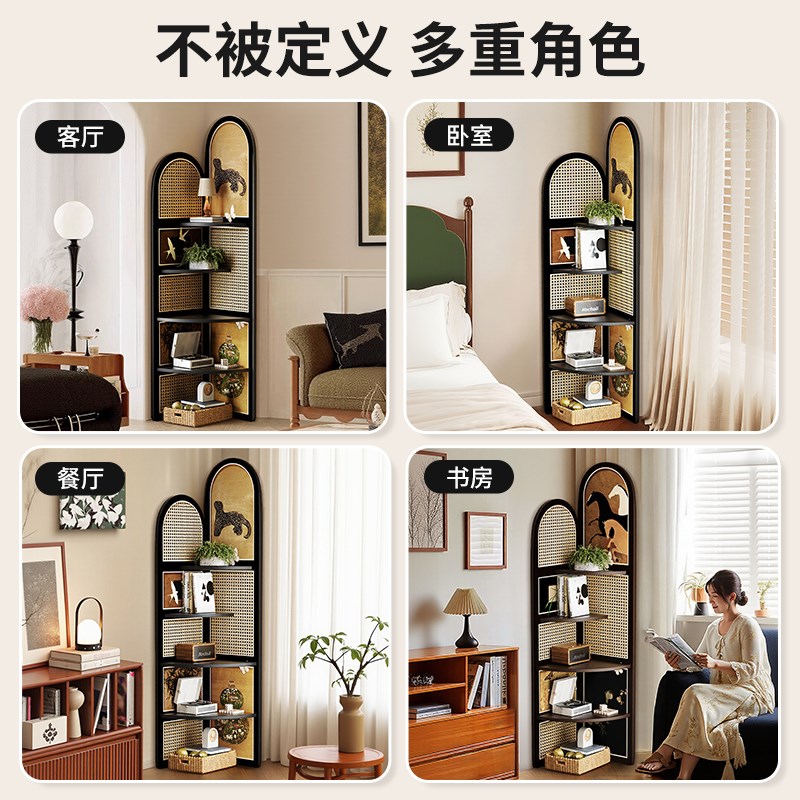 中古风客厅转角墙拐角置物架法式复古三角柜创意拐角书架一体靠墙