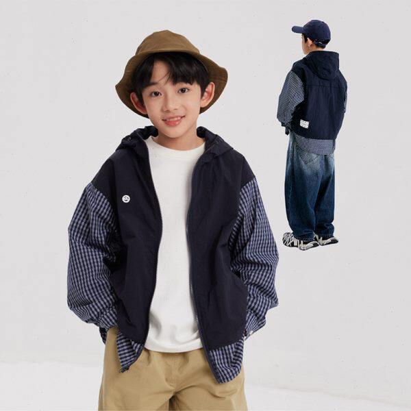 男童外套2024秋新款童装儿童假两件格子上衣中大童时髦拉链夹克衫