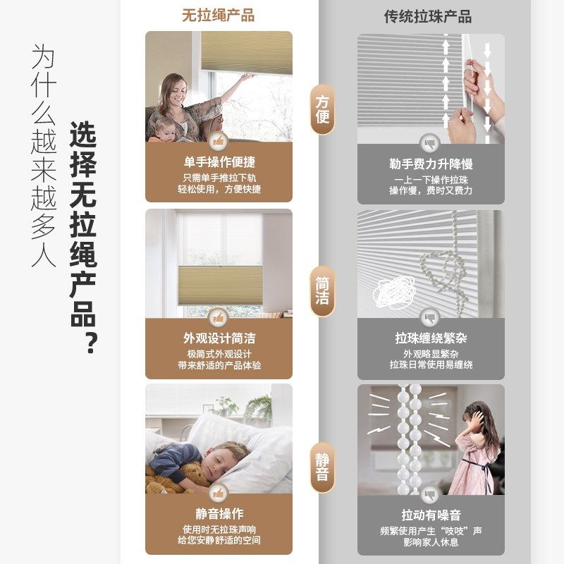 慕安娜免打孔日夜蜂巢帘无绳推拉卧室客厅书房窗户遮光卷帘蜂窝帘