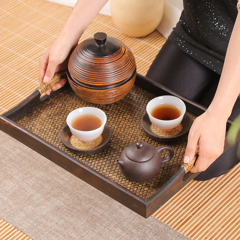 泰国实木质托盘长方形家用放茶杯竹编茶盘酒店美容院托盘复古藤编