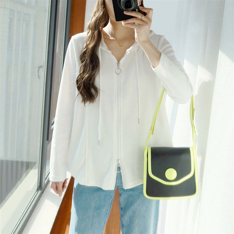 大码薄款卫衣女胖mm长袖T恤春装2024新款宽松双拉链连帽外套上衣