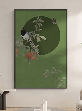 新中式花鸟装饰画墨绿色古典挂画样板房入户玄关大尺寸背景墙壁画
