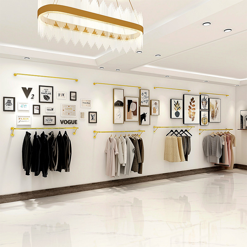 服装店展示架上墙壁挂女装店衣服货架婚纱墙上货架金色侧挂衣架子