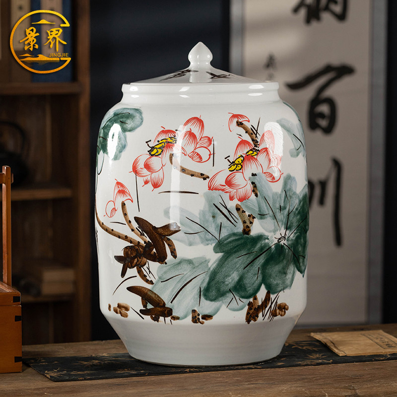 景德镇陶瓷大口米缸油缸面粉水桶50斤家用带盖防潮茶叶储物密封罐