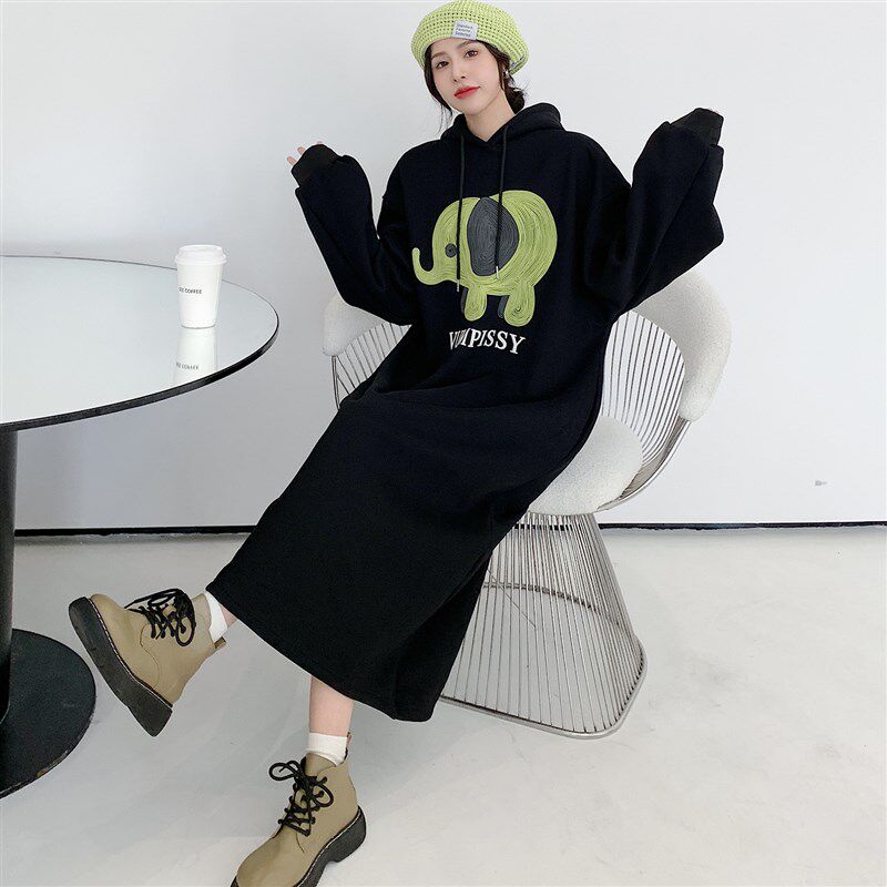大码加绒加厚卫衣裙女冬季新款胖mm黑色宽松连帽休闲连衣裙长裙子