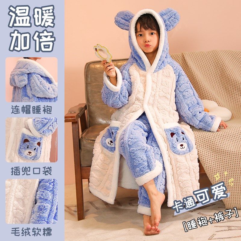 冬季加厚儿童睡袍法兰绒双层宝宝睡衣男孩小女孩浴袍亲子家居服
