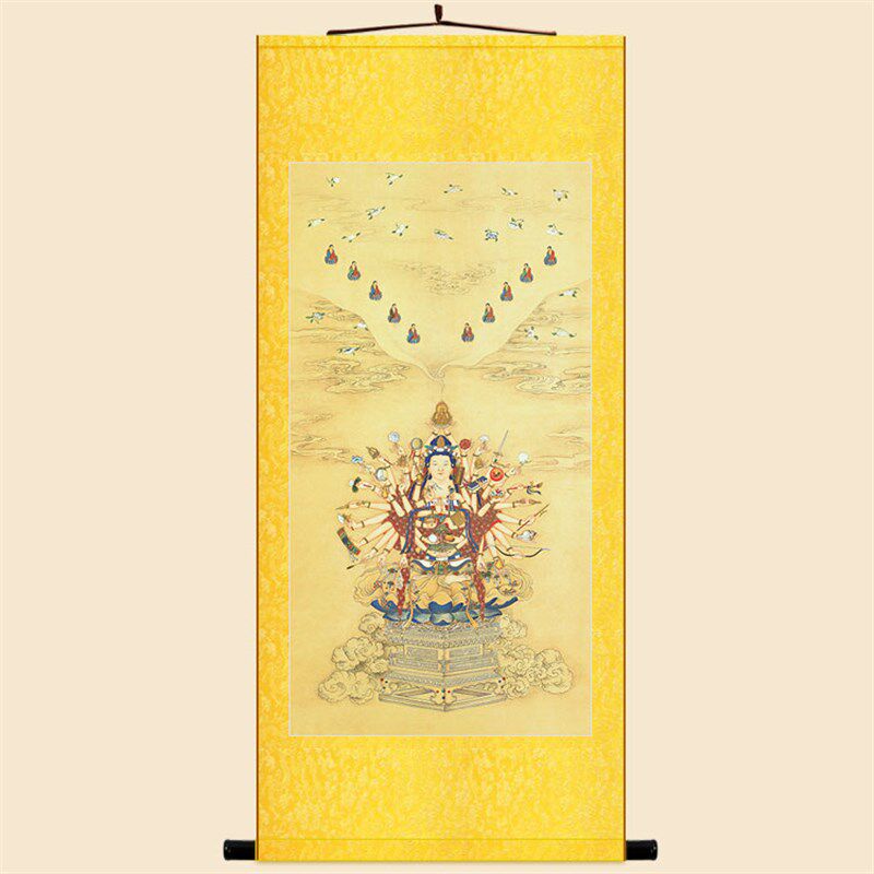 宝相观音图 清代丁观鹏观世音菩萨画像装饰画 丝绸画卷轴挂画定制