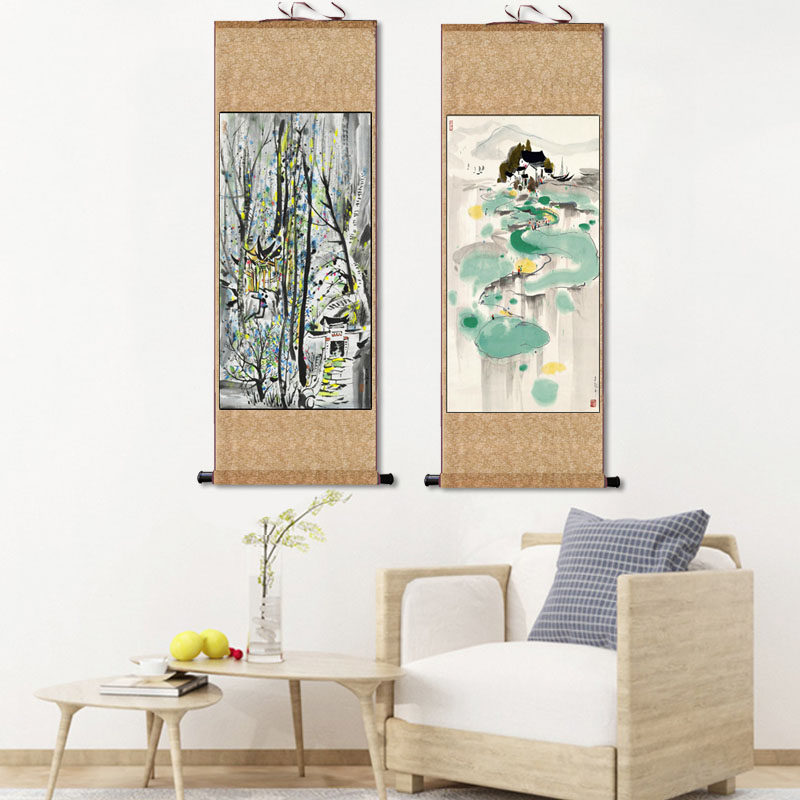 近代名家吴冠中装饰画抽象挂画荷花图柳树徽派建筑画油画国画绢画