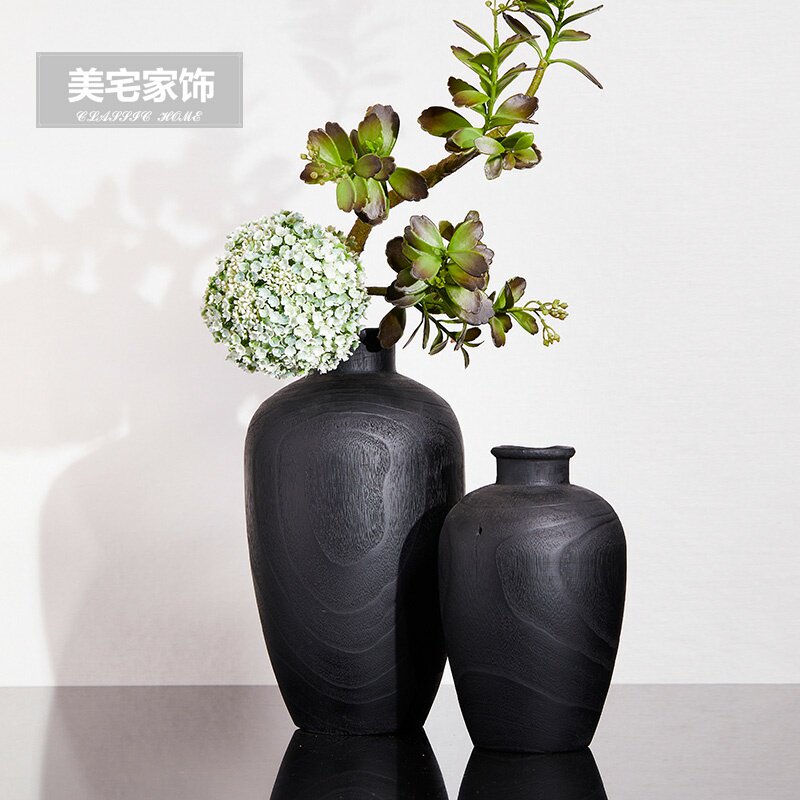 新中式木花瓶摆件玄关客厅餐桌酒柜装饰品样板房家饰软装搭配套装