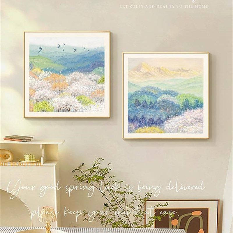 《春花海》餐厅挂画日照金山手绘油画高端双居室装饰画