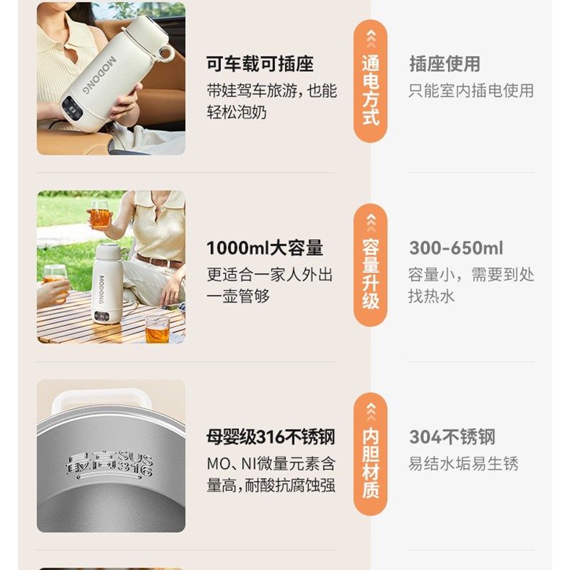 摩动便携式烧水壶2024新款保温一体316不锈钢车载旅行电热水杯1L
