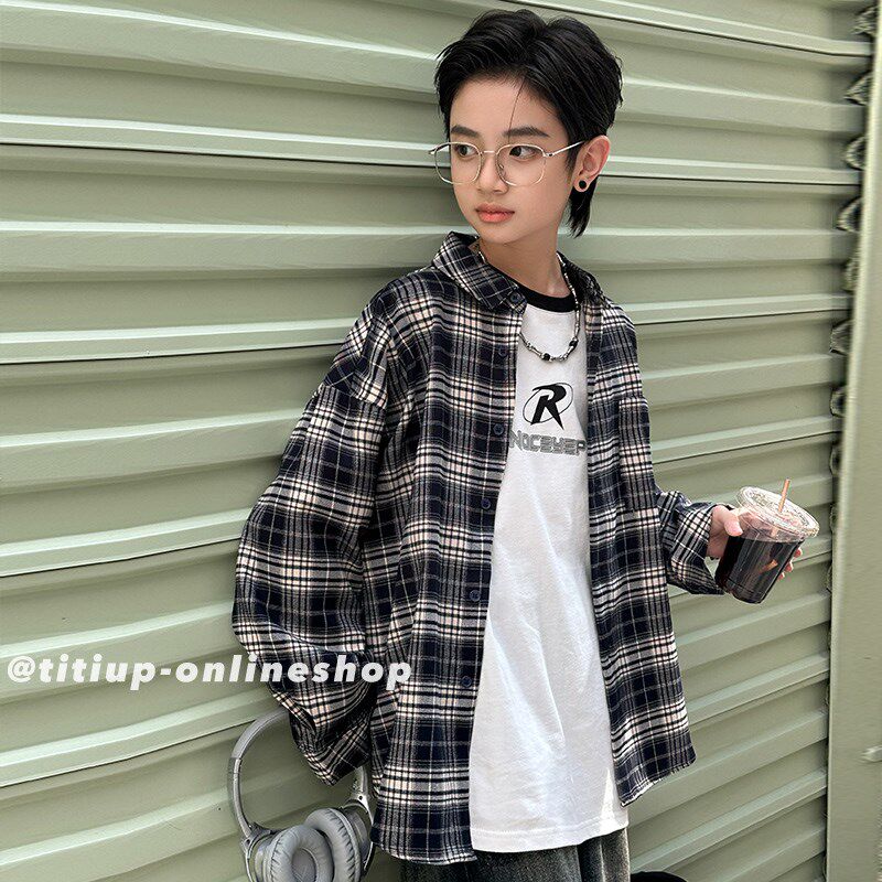 男童格子衬衫2024春秋新款中大童开衫薄款秋装外套宽松休闲上衣潮