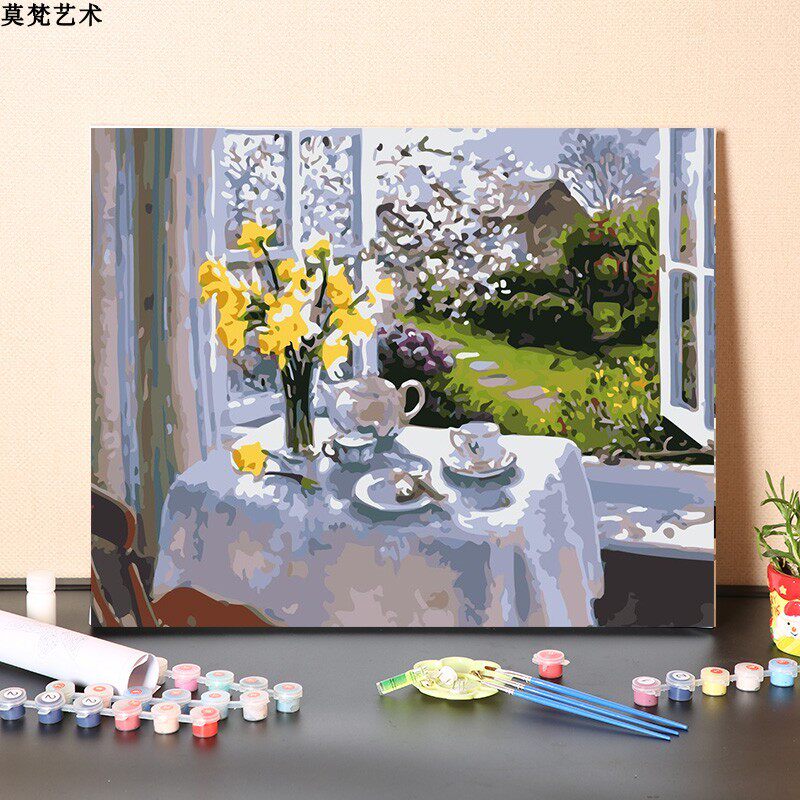 数字油画diy填充美式花园餐厅手工填色画画餐桌上的花瓶油彩挂画