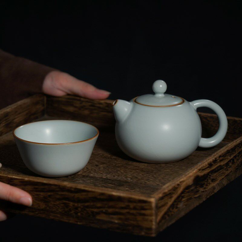 汝窑西施壶茶壶套装景德镇陶瓷一壶一杯复古汝瓷家用茶具西子观月