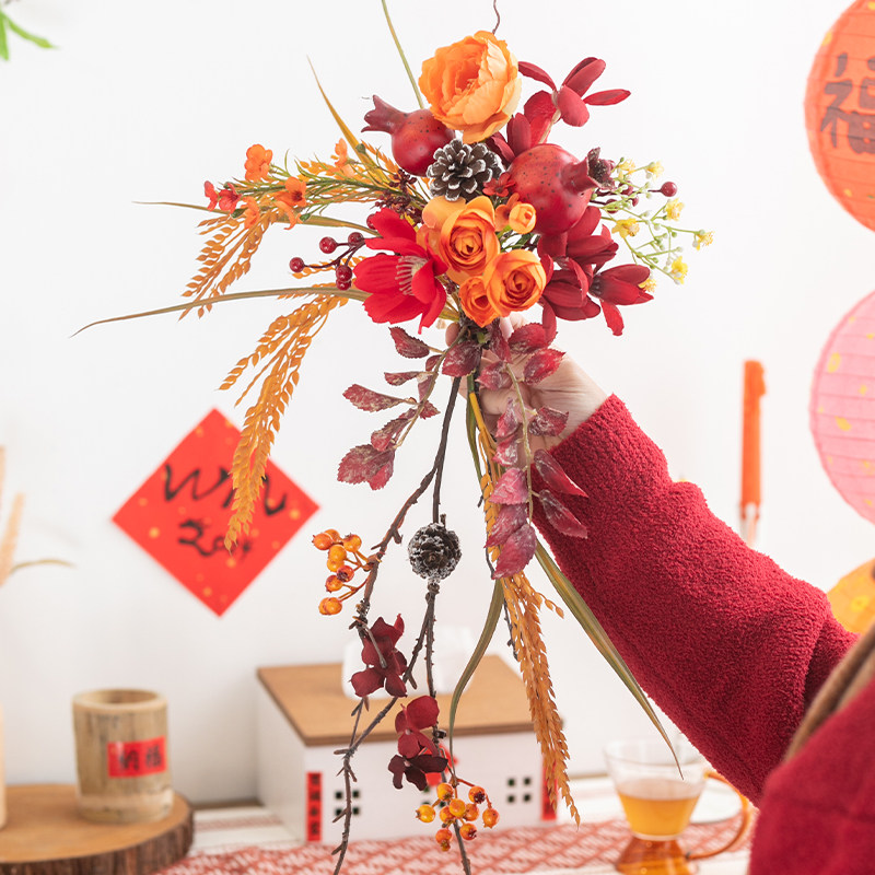 阿楹 春节新年电视墙面装饰柱子玻璃门挂件喜庆麦穗石榴乔迁花艺