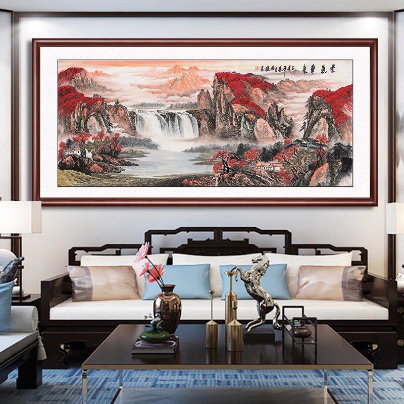客厅挂画西墙沙发背景墙装饰国画中式山水画源远流长聚宝盆办公室
