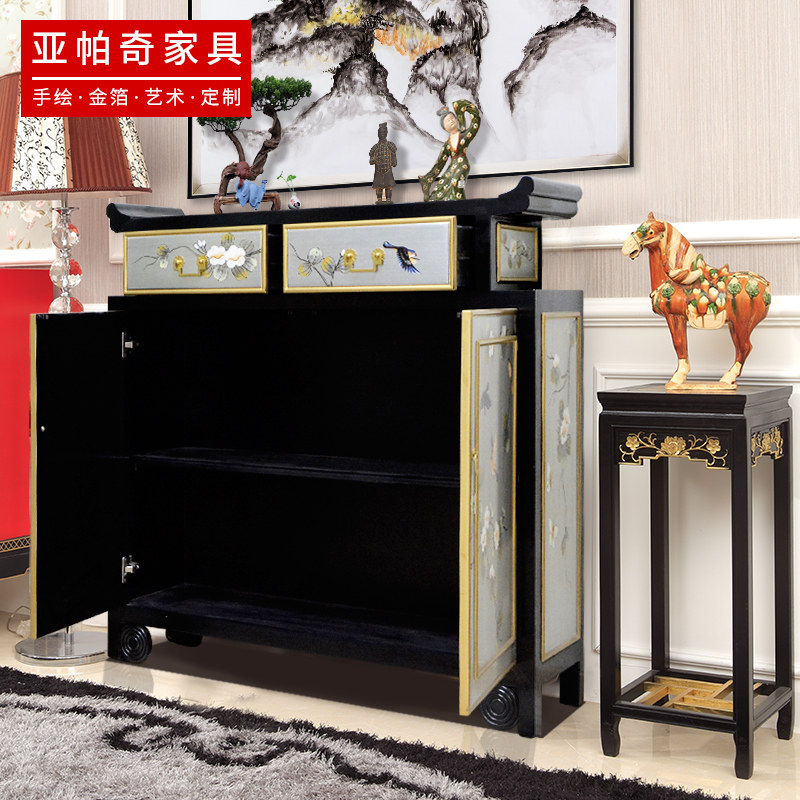 新中式玄关柜靠墙彩绘餐边柜客门厅过道鞋柜高端银箔翘头柜供桌台