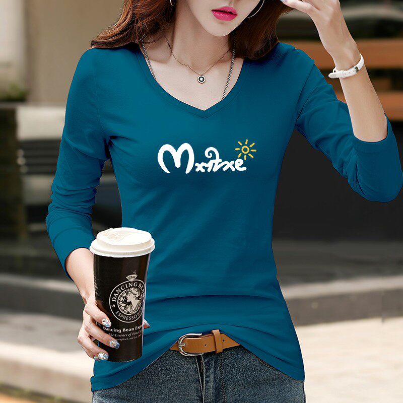 洋气V领t恤女紧身显瘦长袖打底衫2021秋季新款夏季内搭薄款上衣潮