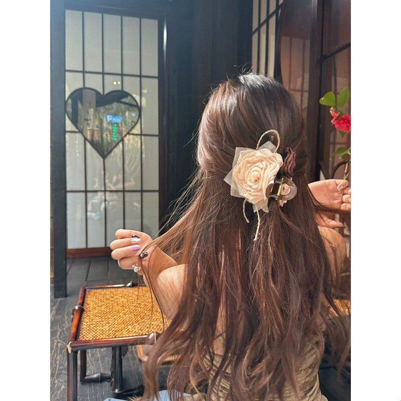 【高定版】新中式玫瑰花朵抓夹女大号高级感发卡头花鲨鱼发夹发饰