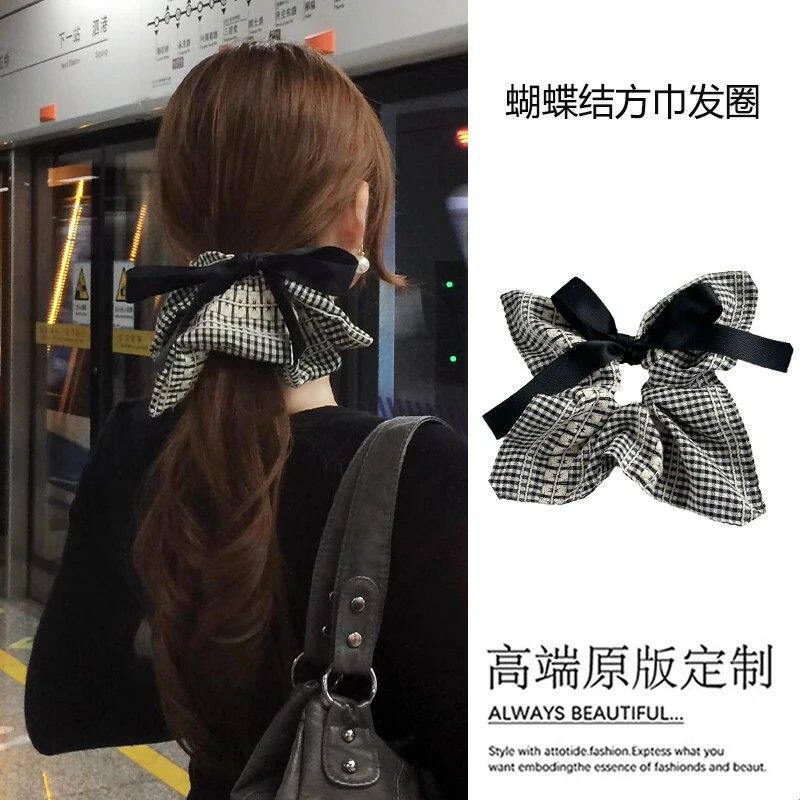蝴蝶结格子方巾发圈女2026新款高级感韩系扎头发马尾大肠头绳头花