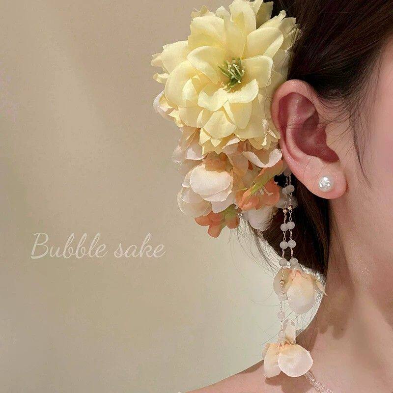 原创【盛夏黄玫瑰】超仙黄色花朵流苏发夹侧边夹头花旗袍发饰头饰