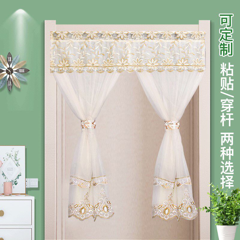 免打孔纱帘门帘夏天蕾丝半截自粘贴鞋柜帘衣橱柜镜帘遮光窗帘装饰