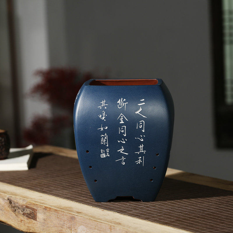 清香阁紫砂室内花盆摆件悦涛斋制作半石书刻手工兰花盆包邮