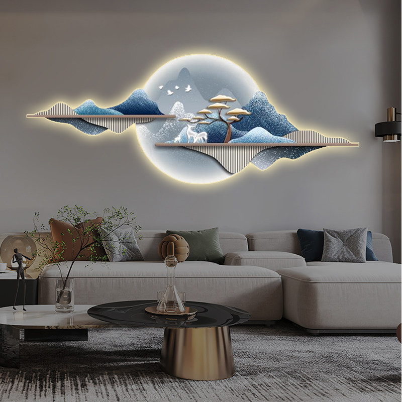 新中式客厅沙发背景墙装饰画高级感发光靠山壁画Led灯画麋鹿挂画