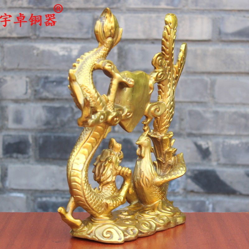 宇卓铜器黄铜龙铜凤 戏珠连身龙凤 桌面工艺品摆饰 纯铜龙凤呈祥