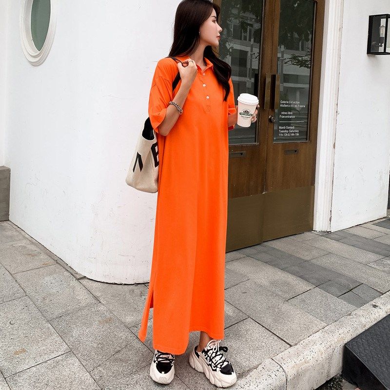polo衫连衣裙休闲2024夏装显瘦长款及踝短袖t恤女纯棉翻领长裙子
