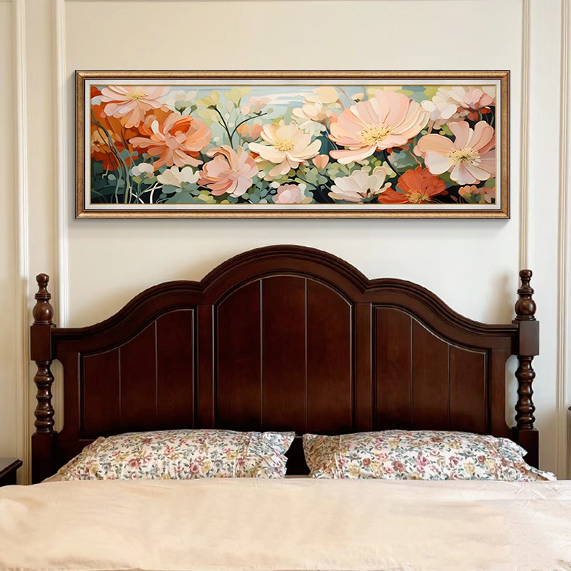 美式花卉卧室床头装饰画横版复古手绘油画沙发背景墙挂画高档大气