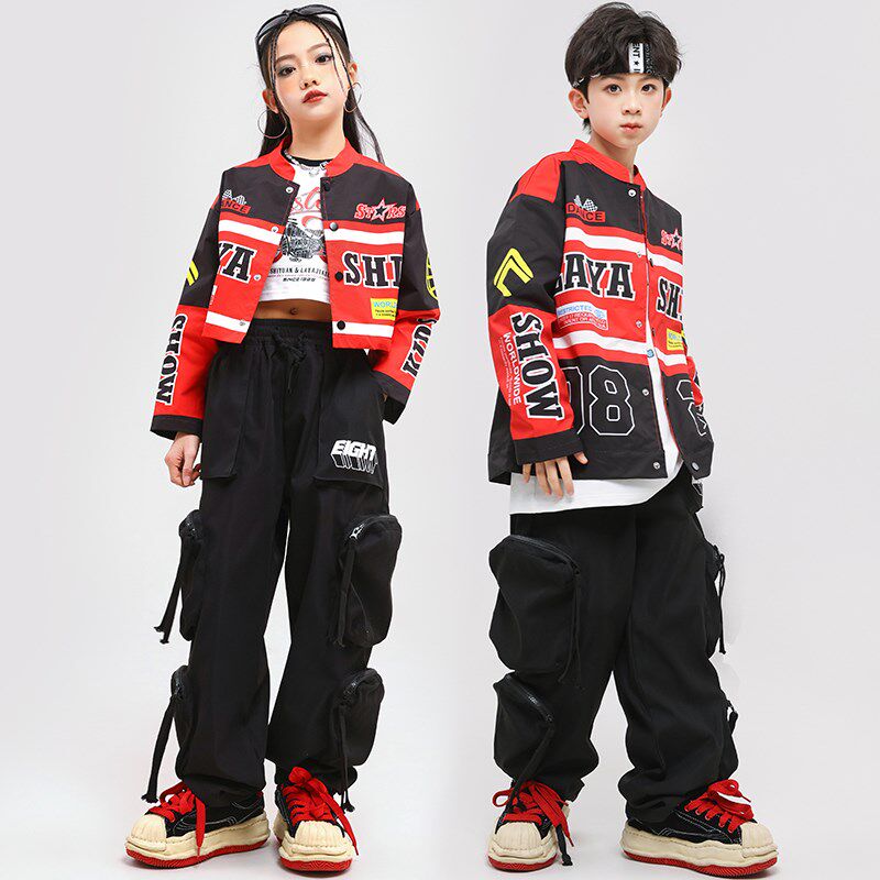 街舞儿童嘻哈机车风拼色外套男女童爵士hiphop架子鼓表演服演出服