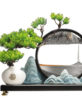 迎客松山水流沙画摆件中式禅意玄关办公室工艺品茶室沙漏装饰品