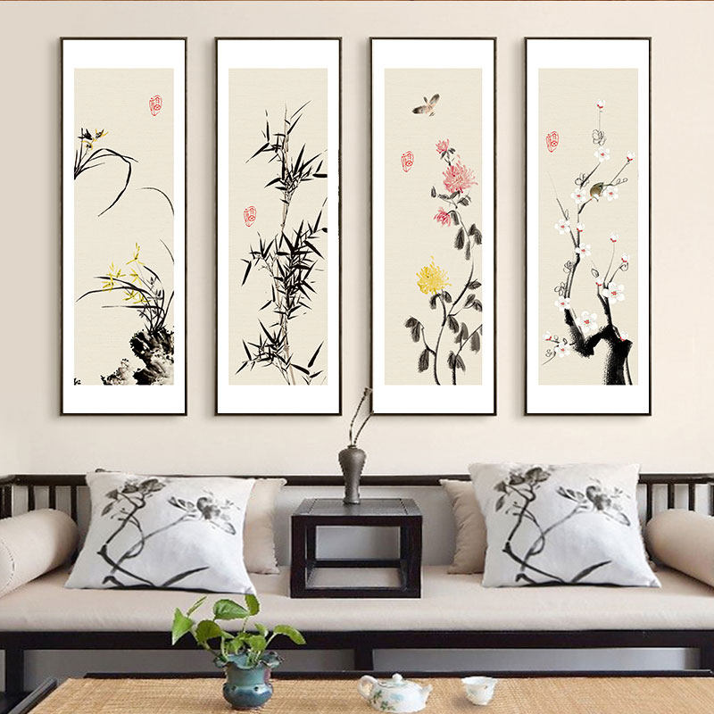 梅兰竹菊客厅装饰画新中式沙发背景墙四联壁画餐厅茶室四君子挂画