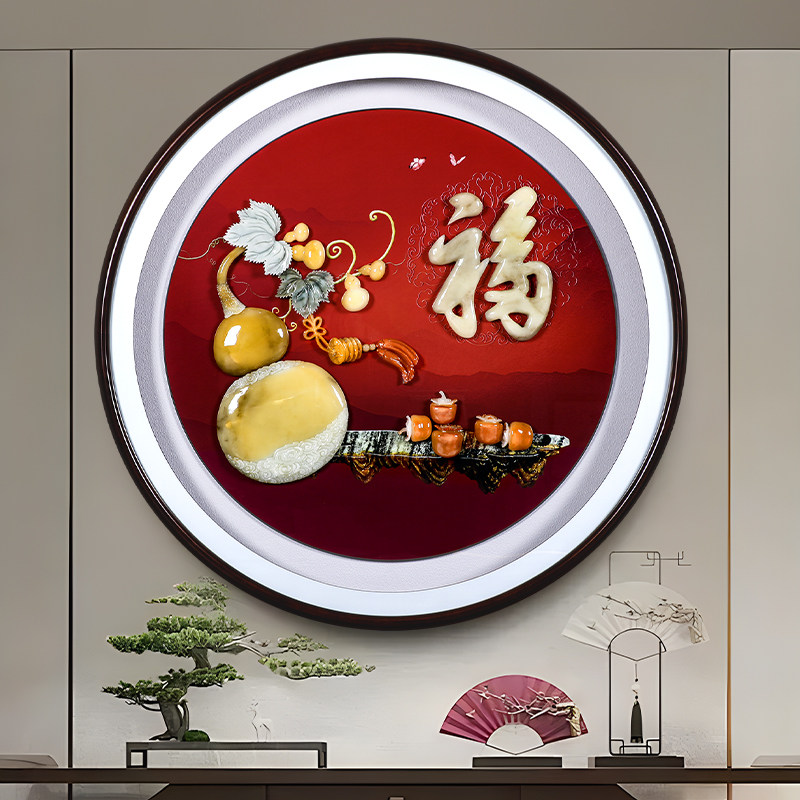 新中式入户玄关手工玉雕圆形装饰画客厅餐厅挂画高档大气灯光画