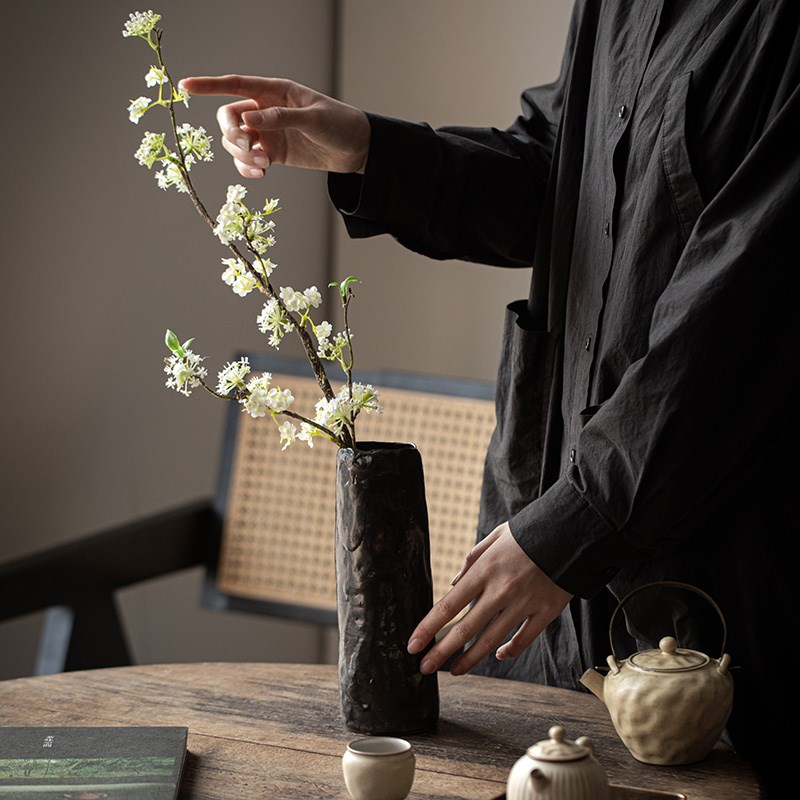 手作粗陶怀瑾花器茶空间禅意插花小花器桌面水培花瓶摆件茶道配件